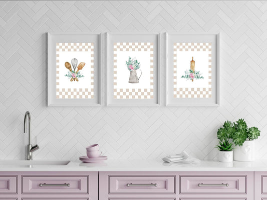 Floral Hand Drawn Baking Rolling Pin Print | Checkerboard Pattern | Watercolour | Kitchen Wall Art