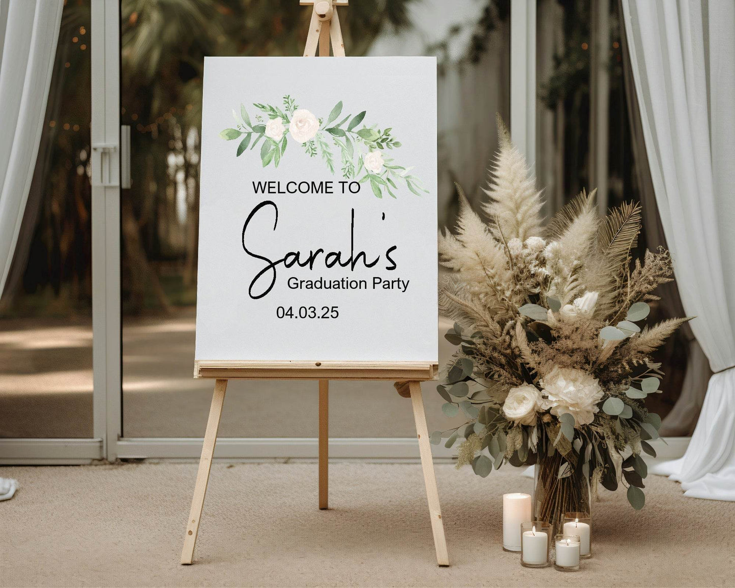 Green & White Rose Graduation Party Sign