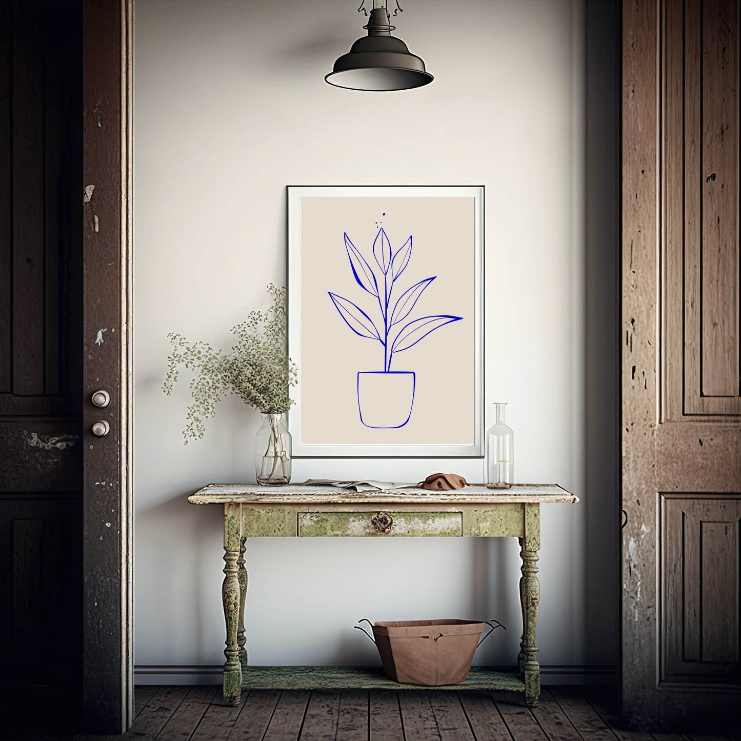 Plant Print | Blue Line Drawing | Beige | Line Art