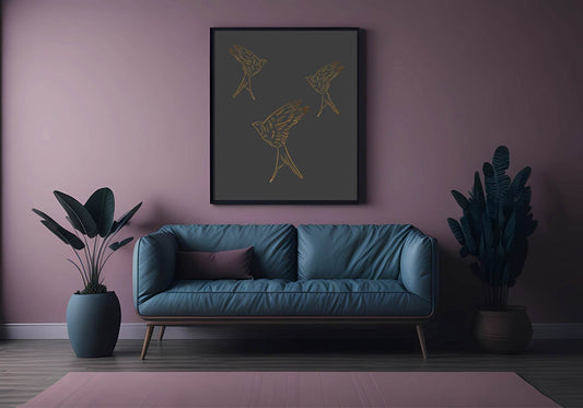 Hand Drawn Trio Gold Birds Print | Black | Animal Wall Art