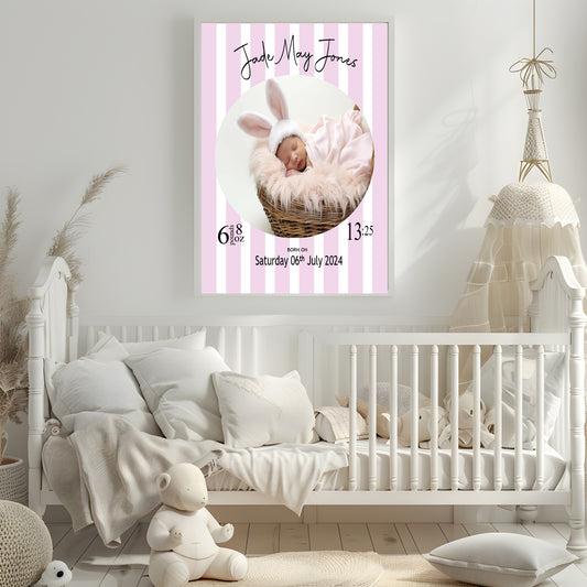 Personalised Striped Circle Birth Details Photo Print | Cream, Pink & Blue
