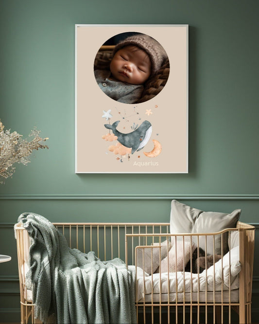 Nursery room with a crib, decorative pillows, and a framed picture on the wall.