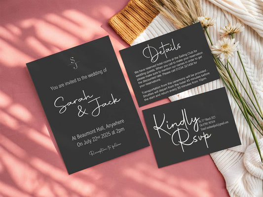 Minimalist Noir Wedding Invitation Suite