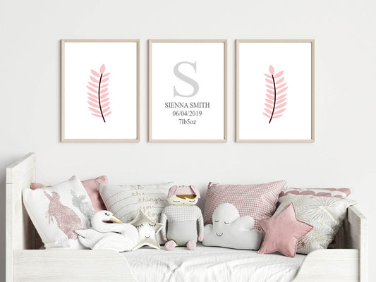 Personalised Set Of 3 Pink Leaf Prints | Nursery Wall Art