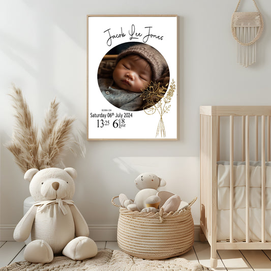 Personalised Birth Flower Birth Details Photo Print | Black Or White
