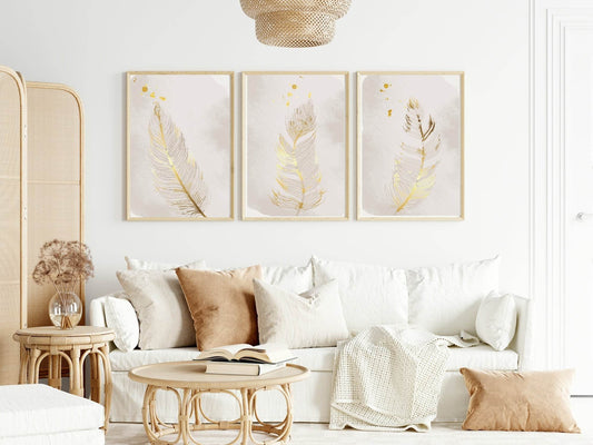 Set of 3 Gold Feather Prints | Modern Wall Art