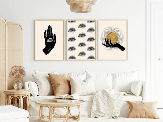 Set of 3 Spiritual Hand, Eye & Moon / Sun Print | Celestial Palm