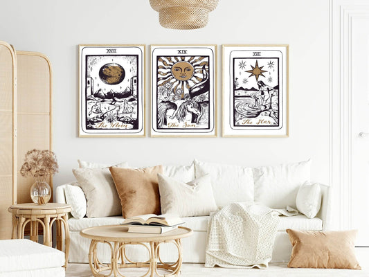 Set Of 3 Tarot Card The Moon, The Sun & The Star Prints | Major Arcarna Wall Art