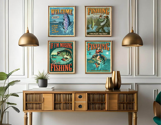 Vintage Fishing Collection Prints | Father's Day | Welcome Here | Fishing Paradise | If I'm Missing I Am Probably Fishing | Lets Talk, More Fishing, What a Catch