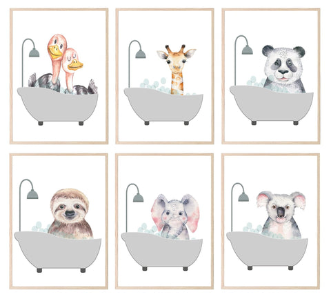 Cute Animals In the Bath Print | Duck, Elephant, Giraffe, Koala, Panda & Sloth - Larosier Prints