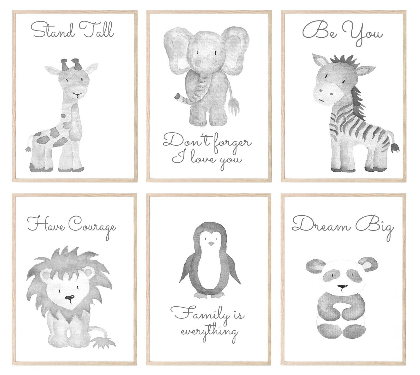Cute Animals & Positive Quotes Prints in Greyscale | Selection of Kids Wall Art