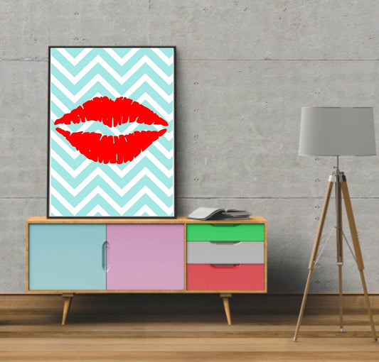 Lipstick Kiss Print | Aqua Blue & White Chevron Background, Red Lips Teens Wall Art
