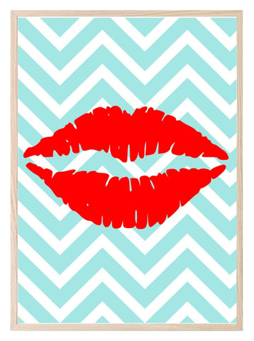 Lipstick Kiss Print | Aqua Blue & White Chevron Background, Red Lips Teens Wall Art - Larosier Prints
