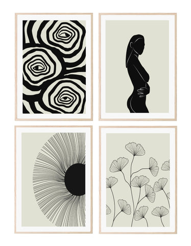 Monochrome Abstract Collection of 4 Prints | Rose Eyes , Woman , Line Floral , Black Sun Wall Art - Larosier Prints