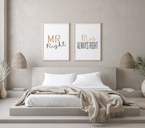 Mr Right & Mrs Always Right Prints Set Of 2 | Couple Over The Bed Wall Art | Customisable