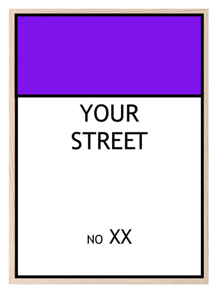 Personalised Monopoly Street Name And Number | Wall Art Board Game Prints | Various Colours Available
