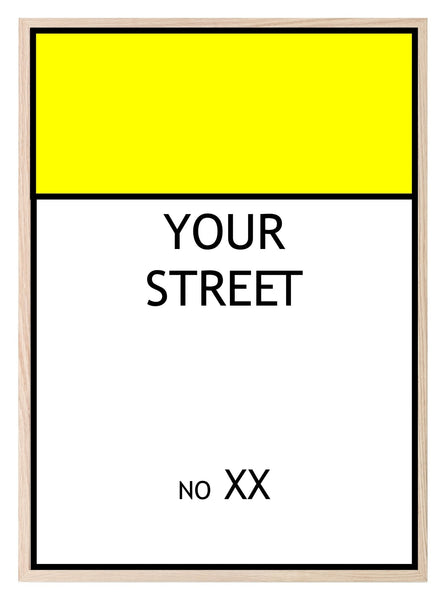 Personalised Monopoly Street Name And Number | Wall Art Board Game Prints | Various Colours Available