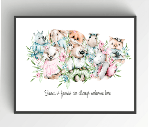 Personalised Oh Baby animal friends are always welcome here wall art print