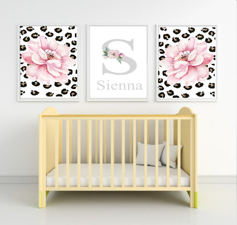 Personalised set of 3 Floral Leopard print wall art prints