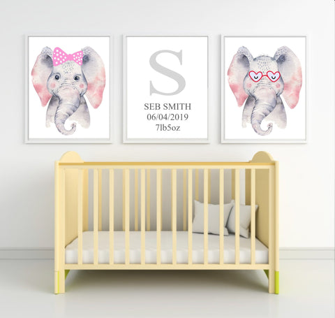 Personalised set of 3 Watercolour Animal wall art prints- Emmie the Elephant all dressed up | Pink