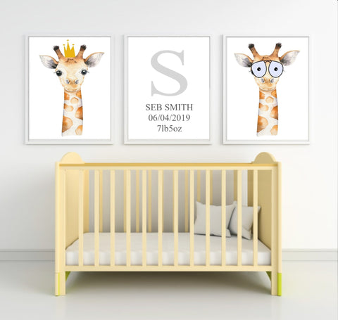 Personalised set of 3 Watercolour Animal wall art prints- Gillie the Giraffe all dressed up | Glasses