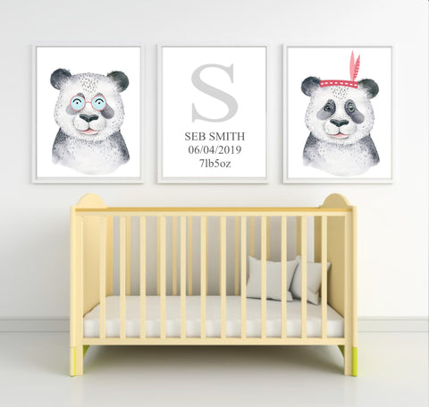 Personalised set of 3 Watercolour Animal wall art prints- Penelope the Panda all dressed up | Red Headband
