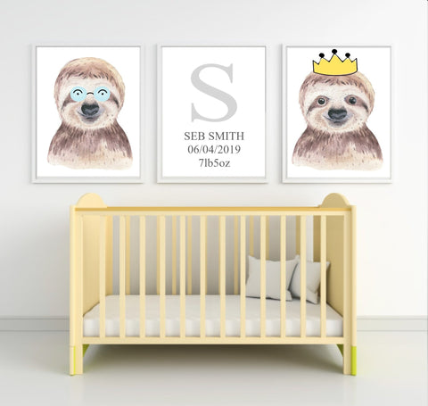 Personalised set of 3 Watercolour Animal wall art prints- Suzie the Sloth all dressed up | Crown