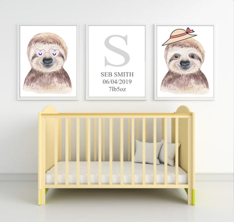 Personalised set of 3 Watercolour Animal wall art prints- Suzie the Sloth all dressed up | Hat