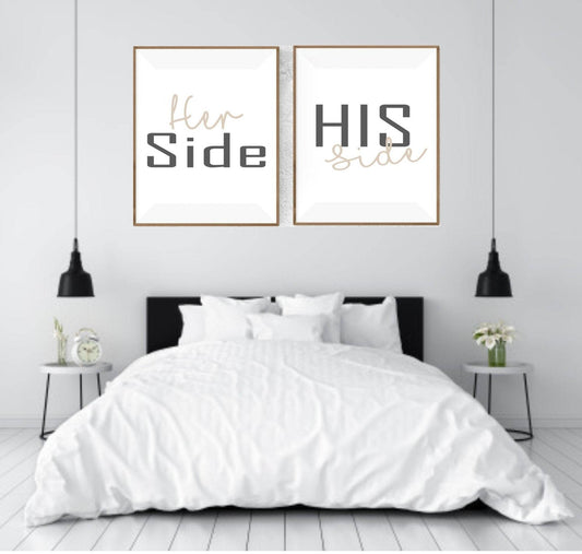 Set Of 2 Her Side & His Side Prints | Over The Bed Wall Art | Customisable