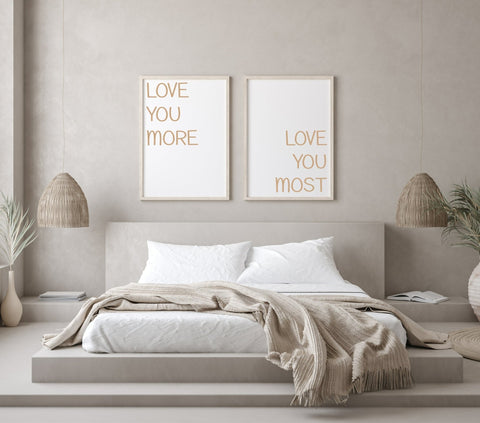Set of 2 Love You More, Love You Most Prints | Couple Over The Bed Wall Art