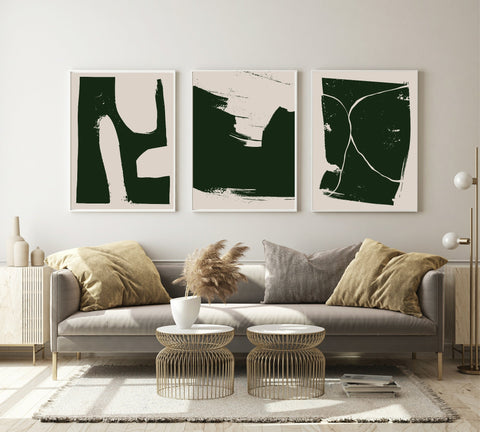 Set of 3 Beige & Green Abstract | Modern Art