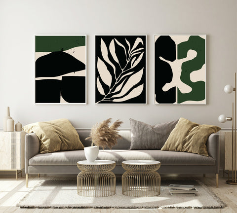 Set of 3 Green & Black Abstract | Modern Art