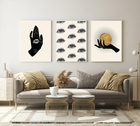 Set of 3 Spiritual Hand, Eye & Moon / Sun Print | Celestial Palm