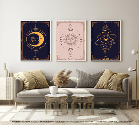 Set of 3 Tarot Card Moon, Sun & Stars | Celestial Collection | Navy Blue, Baby Pink & Matt Gold