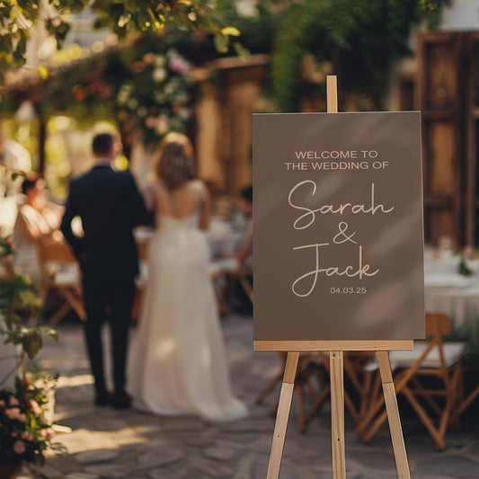 Earthy tones welcome to our wedding sign with bride and groom entering ceremony reception 