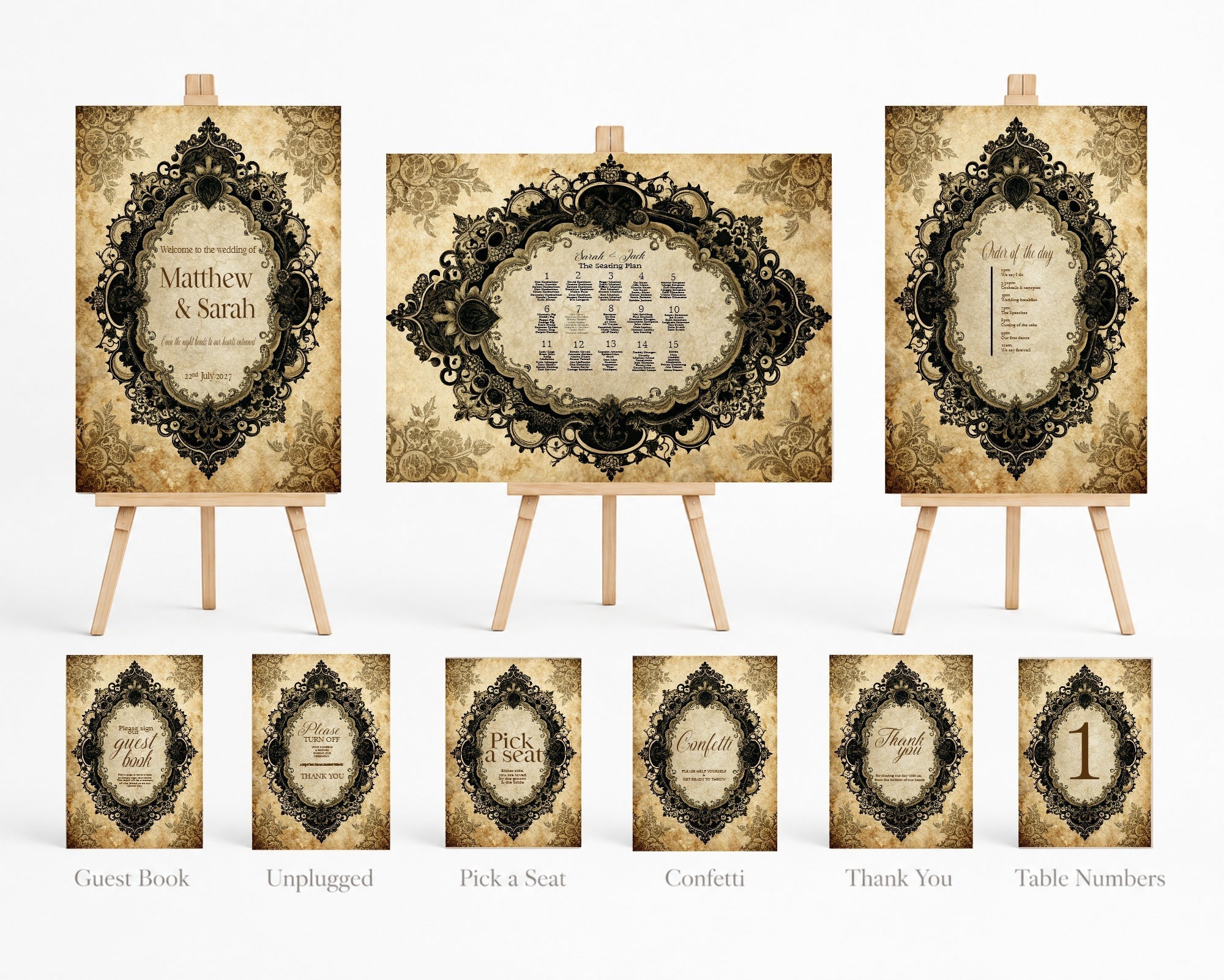 Complete coordinated wedding signage set with welcome sign, seating plan, order of the day and table numbers