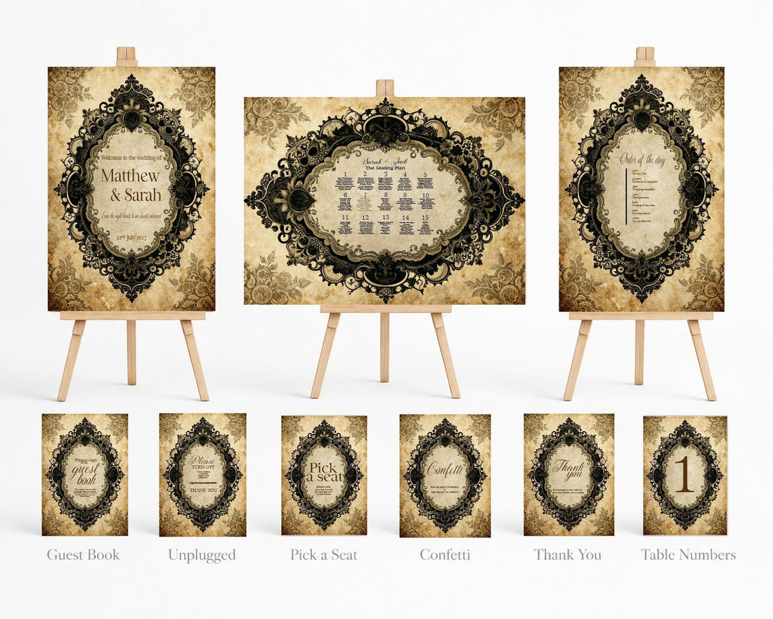 Complete coordinated wedding signage set with welcome sign, seating plan, order of the day and table numbers