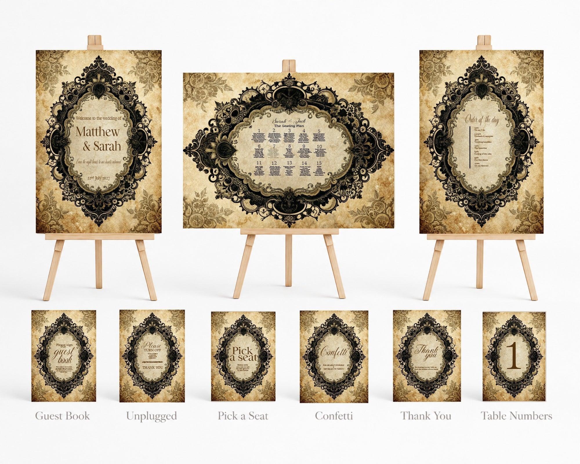 Complete coordinated wedding signage set with welcome sign, seating plan, order of the day and table numbers