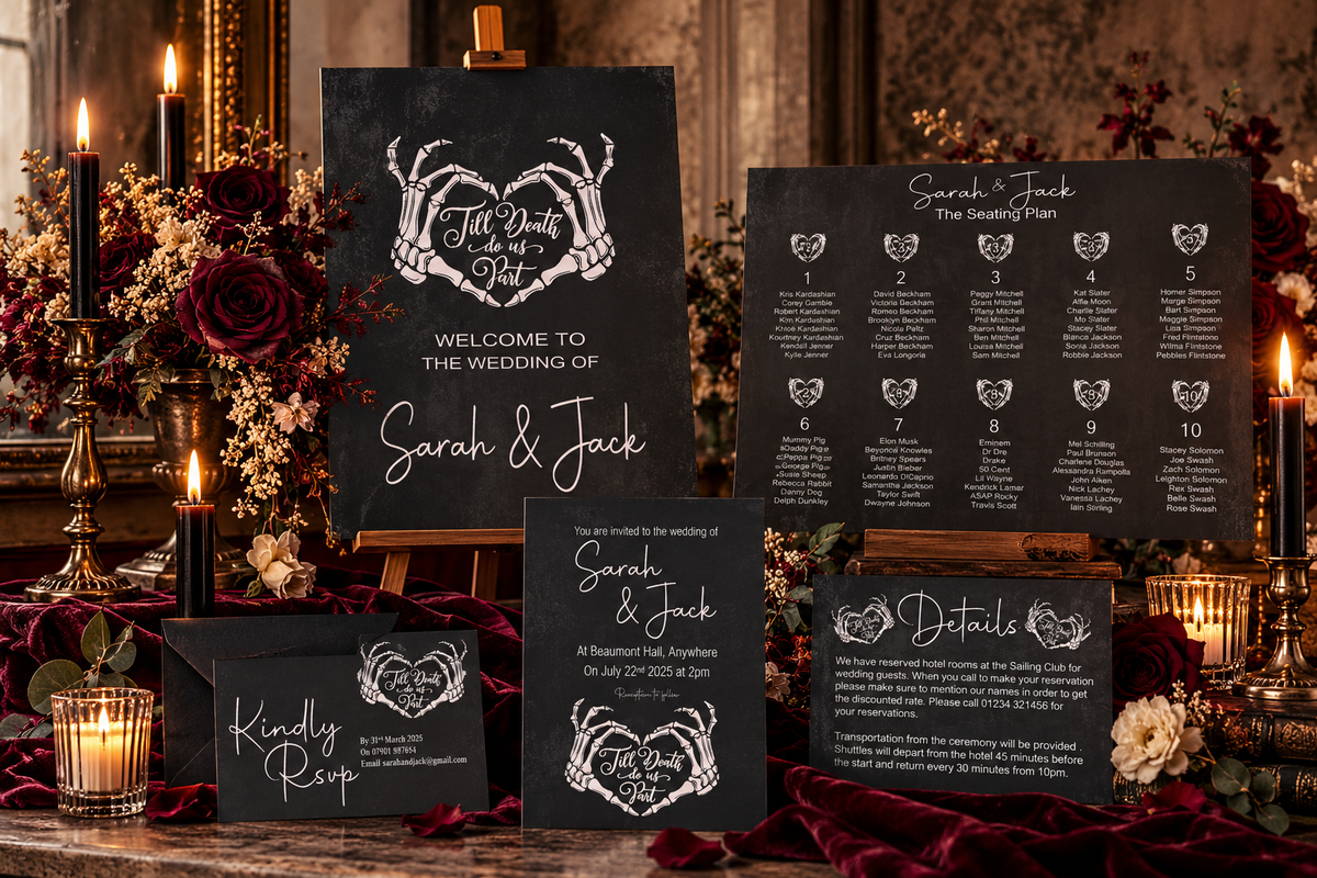 Gothic Till Death Do Us Part wedding welcome sign, seating plan and matching charcoal stationery, styled with burgundy roses, velvet and candlelight.
