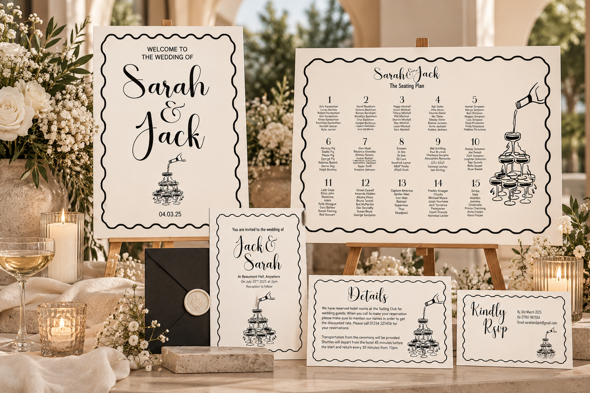 Modern wedding stationery collection featuring black-and-white champagne tower designs, personalised welcome and seating plan signs on wooden easels, matching invitations and RSVP cards, styled with ivory roses and candlelight.