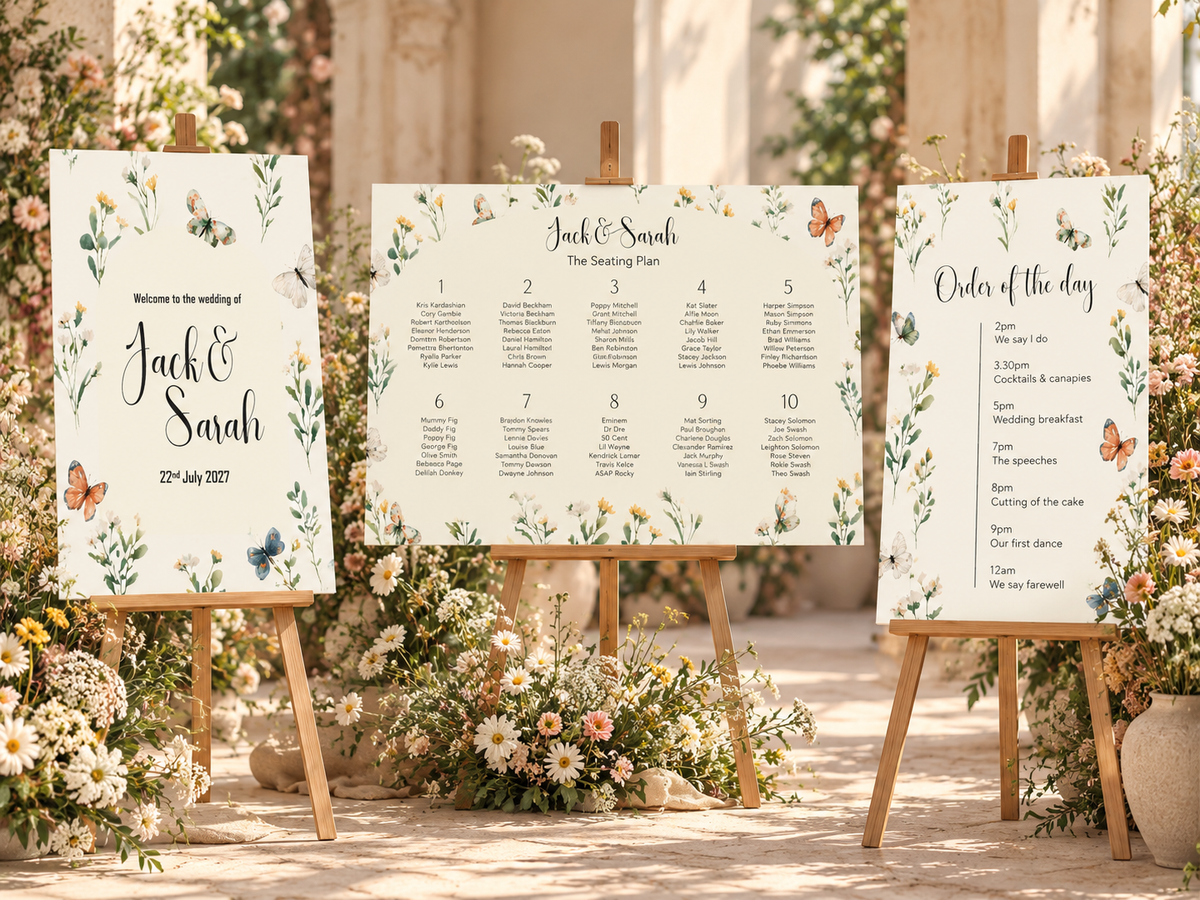 Floral & Botanical Wedding Collection featuring coordinated wildflower welcome sign, seating plan and Order of the Day on wooden easels, surrounded by delicate flowers and butterflies in a romantic sunlit setting.