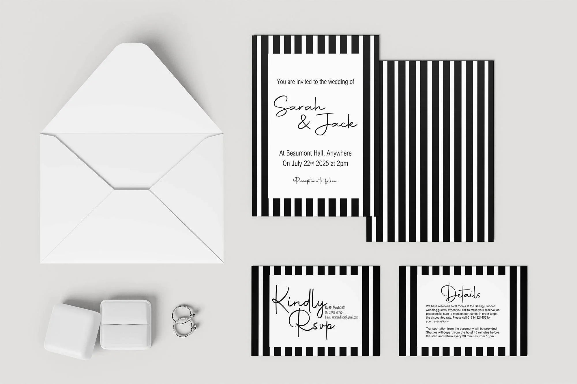 Black & White Stripe Wedding Invitation Suite - Larosier Prints