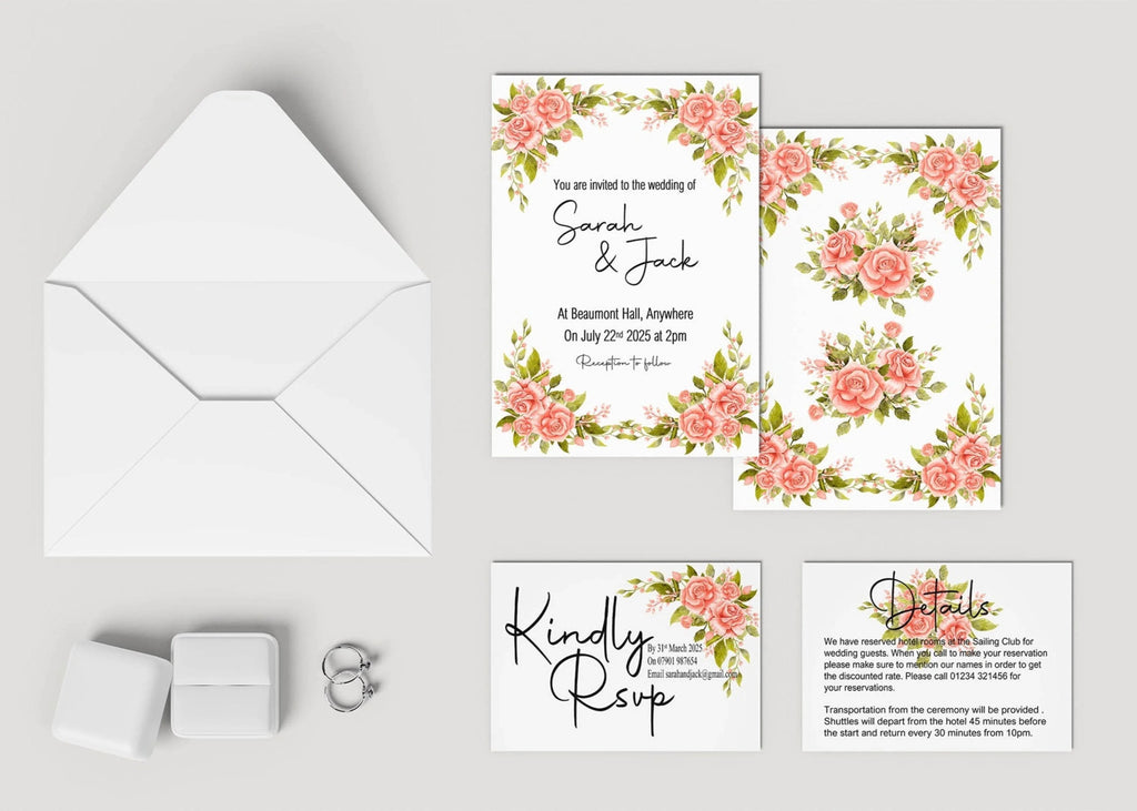 Pink Rose Wedding Invitation Suite - Larosier Prints