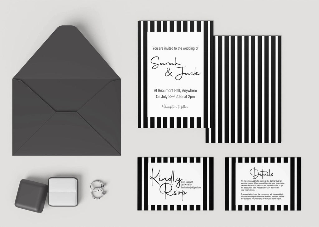 Black & White Stripe Wedding Invitation Suite - Larosier Prints