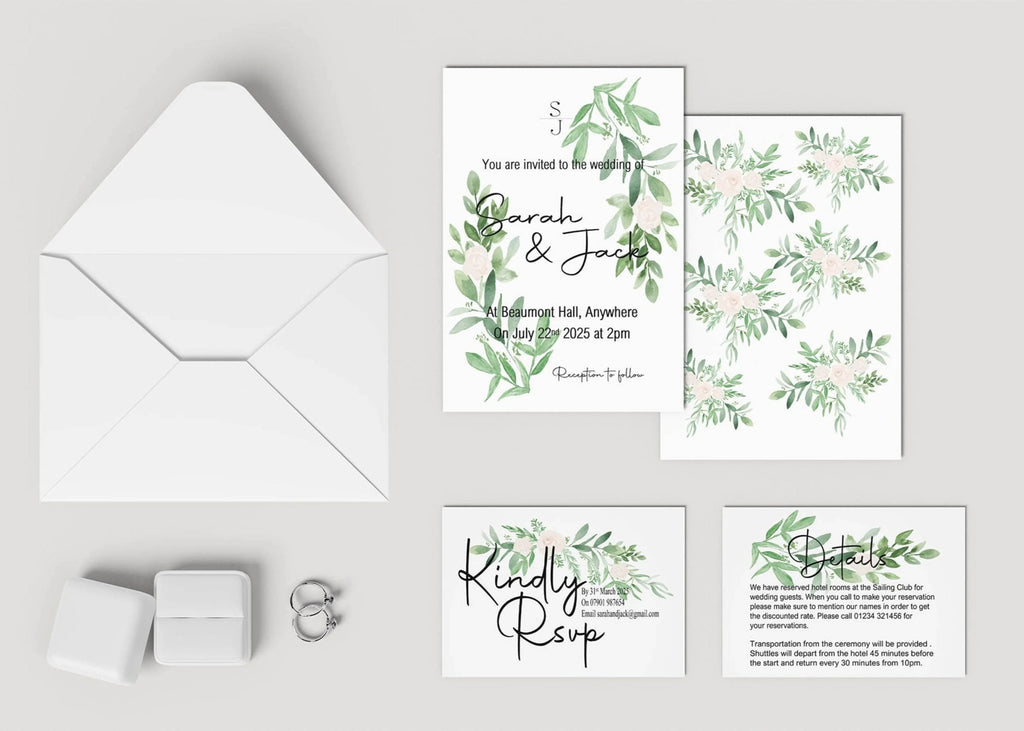 Green & White Rose Wedding Invitation Suite - Larosier Prints