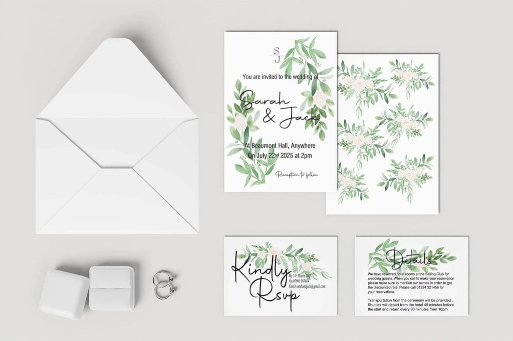 Green & White Rose Wedding Invitation Suite - Larosier Prints