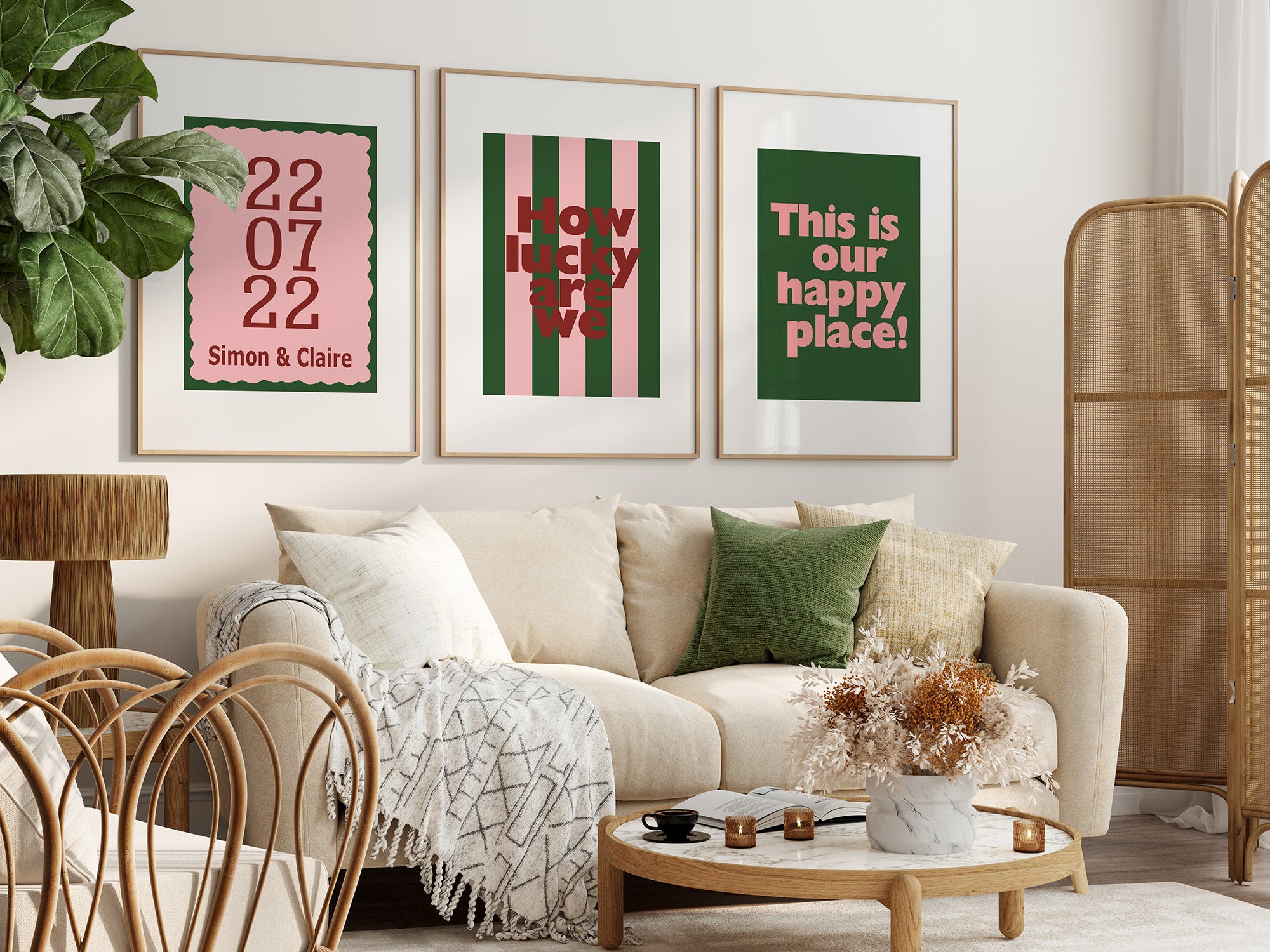 Living room with a beige sofa, decorative pillows, and framed prints on the wall.