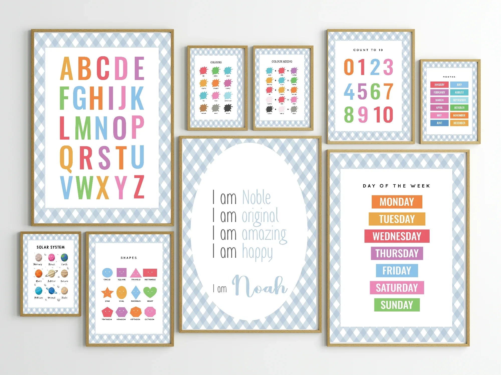 Pastel Plaid Shapes Educational Wall Art Poster | Blue, Pink or Mint Green - Larosier Prints