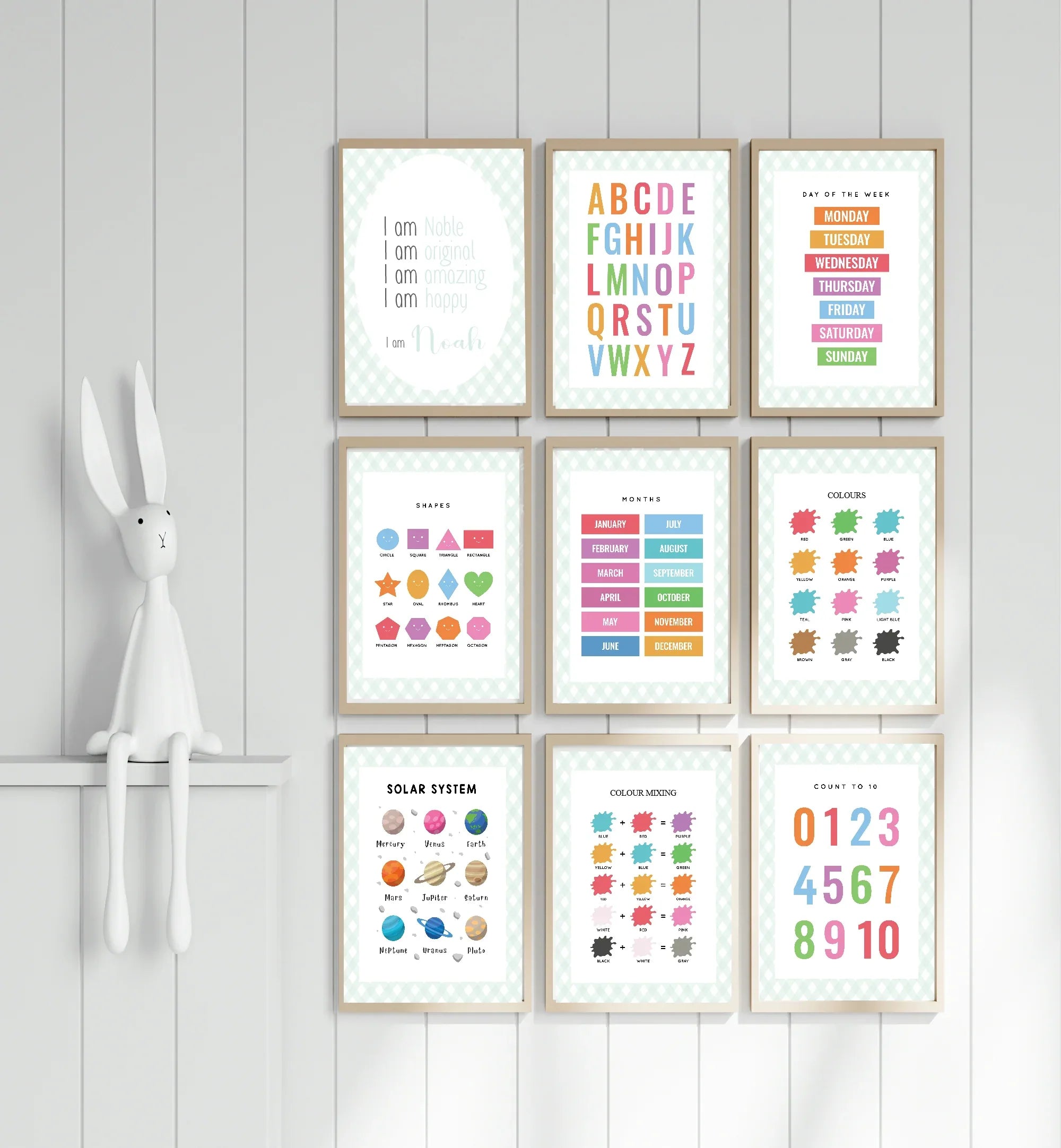 Pastel Plaid Count To 10 Educational Wall Art Poster | Blue, Pink or Mint Green - Larosier Prints
