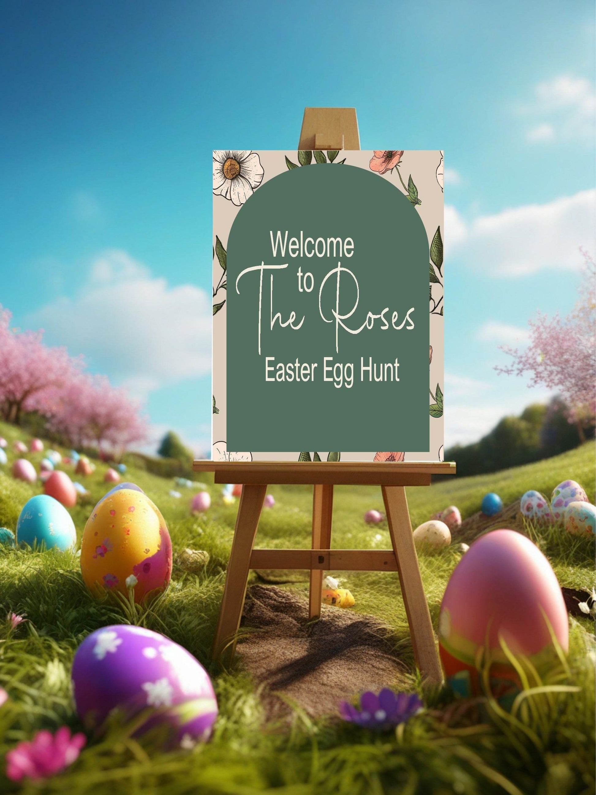Forest Green Floral Arch Welcome Easter Egg Hunt Sign